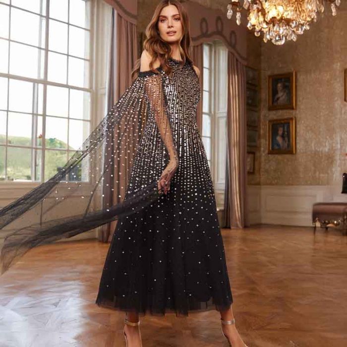 MOONLIGHT SQ CAPE SLEEVE ANKLE GOWN - فستان | NEEDLE & THREAD - نيدل & ثريد MOONLIGHT SQ CAPE SLEEVE ANKLE GOWN - فستان | NEEDLE & THREAD - نيدل & ثريد