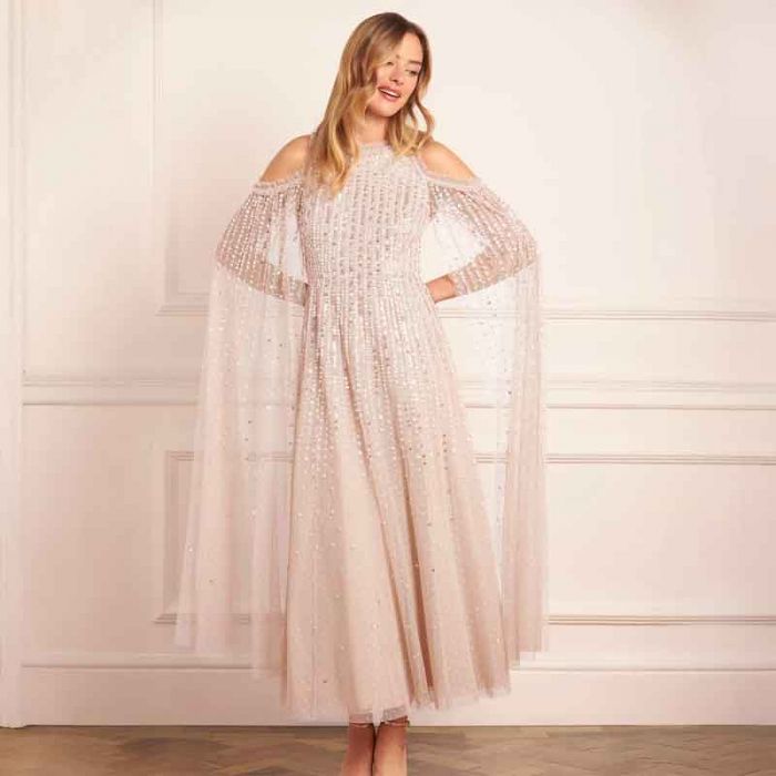 MOONLIGHT SQ CAPE SLEEVE ANKLE GOWN - فستان | NEEDLE & THREAD - نيدل & ثريد