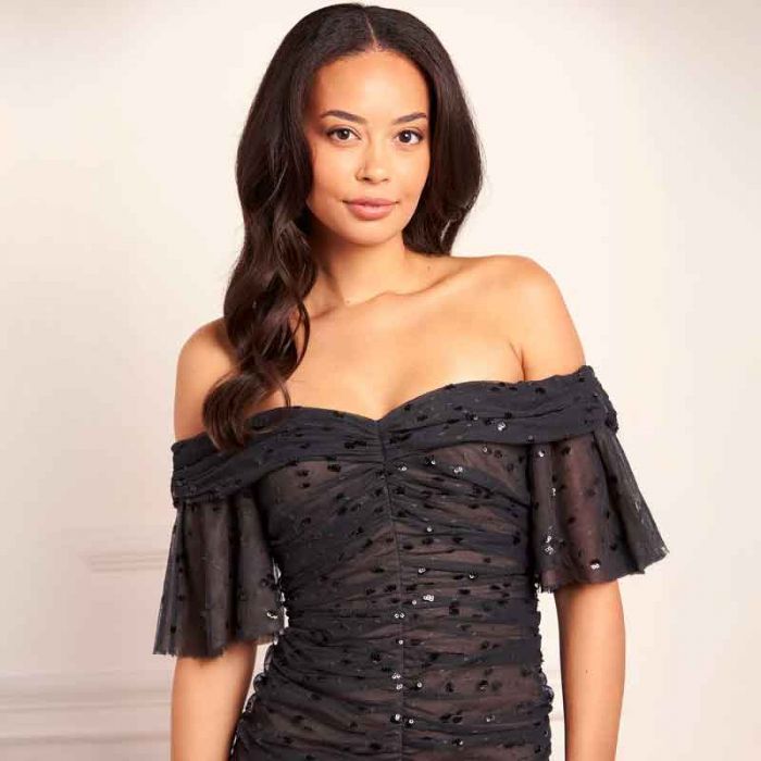 DAPPLED SEQUIN ROUCHED OFF SHOULDER GOWN - فستان | NEEDLE & THREAD - نيدل & ثريد DAPPLED SEQUIN ROUCHED OFF SHOULDER GOWN - فستان | NEEDLE & THREAD - نيدل & ثريد