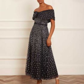 GRACE GLOSS OFF-SHOULDER ANKLE GOWN  - فستان