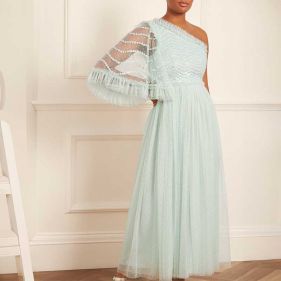 SHIMMER WAVE GLOSS BODICE ONE-SHOULDER ANKLE GOWN  - فستان