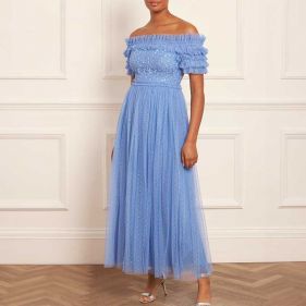 MIDSUMMER LACE BODICE OFF-SHOULDER ANKLE GOWN  - فستان