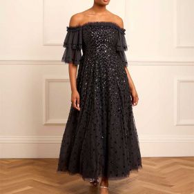 AUTUMN LEAVES OFF-SHOULDER ANKLE GOWN  - فستان