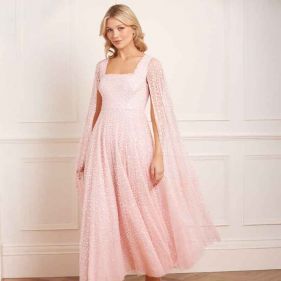 SCATTER DOT CAPE SLEEVE ANKLE GOWN  - فستان