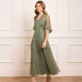 DAPPLED SEQUIN CAPE ANKLE GOWN  - فستان
