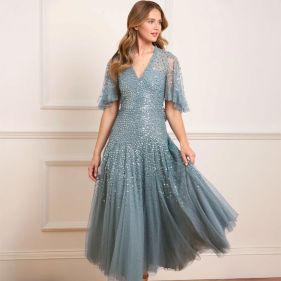 DAPPLED SEQUIN CAPE ANKLE GOWN  - فستان