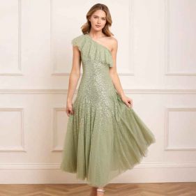 DAPPLED SEQUIN ONE-SHOULDER ANKLE GOWN  - فستان