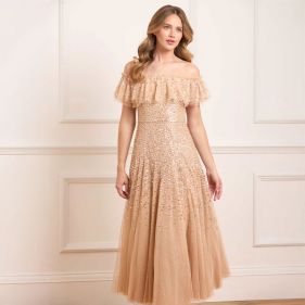 DAPPLED SEQUIN OFF-SHOULDER ANKLE GOWN  - فستان
