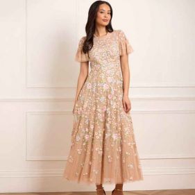 ANTOINETTES FLORAL ROUND NECK ANKLE GOWN  - فستان