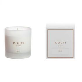 CANDLE SILKSCREENED SATIN GLASS VELVET 270G: CULTI MILANO - شمعة معطرة
