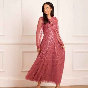 DAPPLED SEQUIN LS  ANKLE GOWN  - فستان
