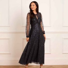 DAPPLED SEQUIN LS  ANKLE GOWN  - فستان