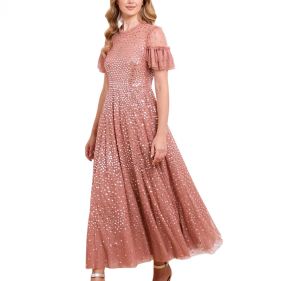 SCATTER DOT ROUND NECK SS ANKLE GOWN  - فستان