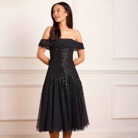 DAPPLED SEQUIN DRAPED OFF SLDR MIDAXI DRESS  - فستان