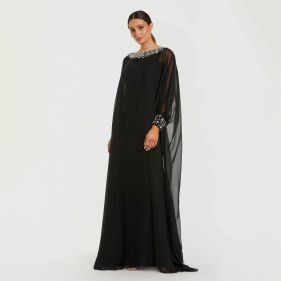CHIFFON LS KAFTAN GOWN WITH BEADED NECK - فستان