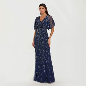 FLORAL MESH DRAPED S V NECK GOWN - فستان