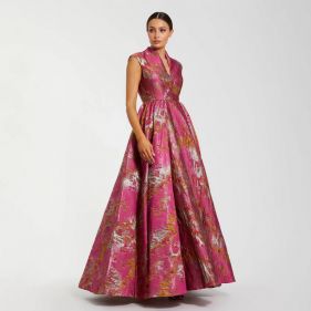 BROCADE CAP S V NECK BG W POCKETS - فستان