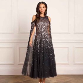 MOONLIGHT SQ CAPE SLEEVE ANKLE GOWN  - فستان