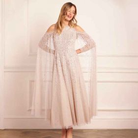 MOONLIGHT SQ CAPE SLEEVE ANKLE GOWN  - فستان