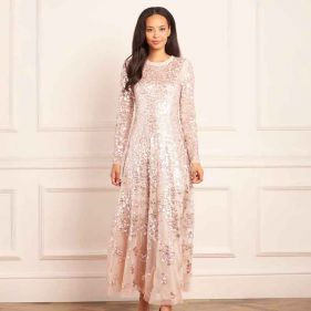 ROSANNA LATTICE ROUND NECK GOWN  - فستان