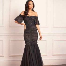 DAPPLED SEQUIN ROUCHED OFF SHOULDER GOWN  - فستان
