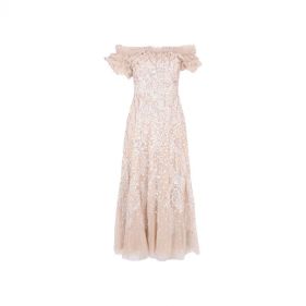 SEQUIN RIBBON OFF SHOULDER ANKLE GOWN  - فستان