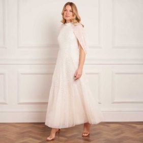 SCALLOP SEQUIN CAPE ANKLE GOWN  - فستان