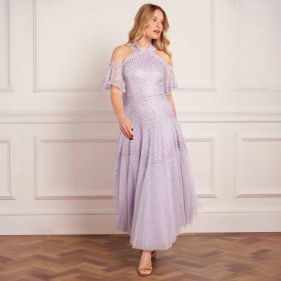 SCALLOP SEQUIN ANKLE GOWN  - فستان