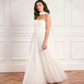 SUNRISE SEQ STRAPLESS CAPE GOWN  - فستان