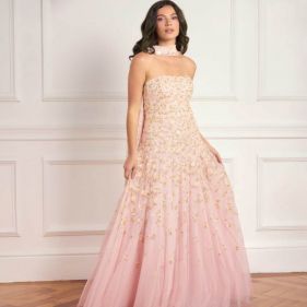 LEA DITSY STRAPLESS CAPE GOWN  - فستان