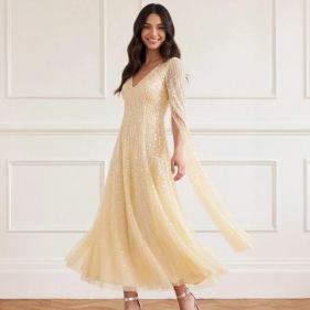 MOONL SEQ V NK CAPE SL ANKLE GOWN  - فستان