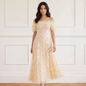 RIBBON HEART OFF SHL ANKLE GOWN  - فستان