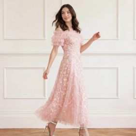 RIBBON HEART OFF SHL ANKLE GOWN  - فستان