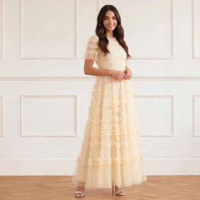 AMARA ROUND NECK RUFFLE GOWN  - فستان