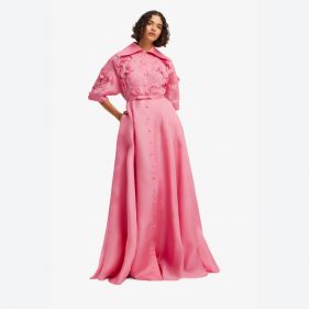 JUNIA APPLIQUE PUFF SLEEVE SILK GOWN  - فستان